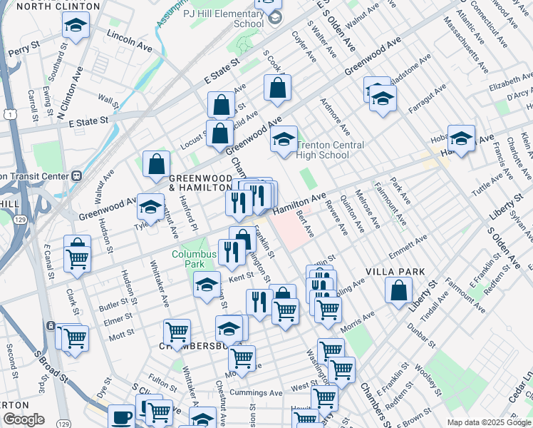 map of restaurants, bars, coffee shops, grocery stores, and more near 600 Hamilton Avenue in Trenton