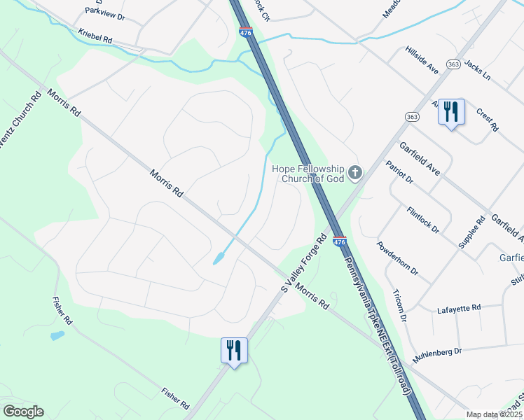 map of restaurants, bars, coffee shops, grocery stores, and more near 2054 Valley View Way in Lansdale