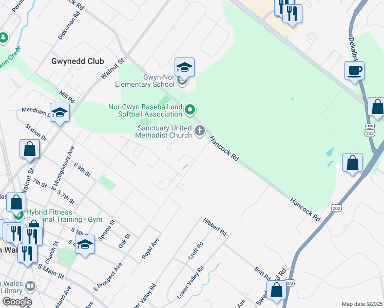 map of restaurants, bars, coffee shops, grocery stores, and more near 361 Newbury Court in North Wales