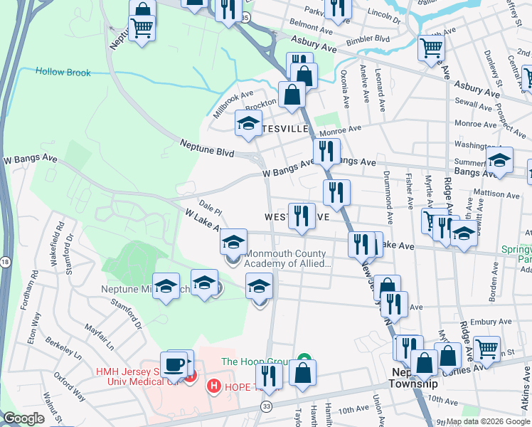 map of restaurants, bars, coffee shops, grocery stores, and more near 304 Neptune Boulevard in Neptune City