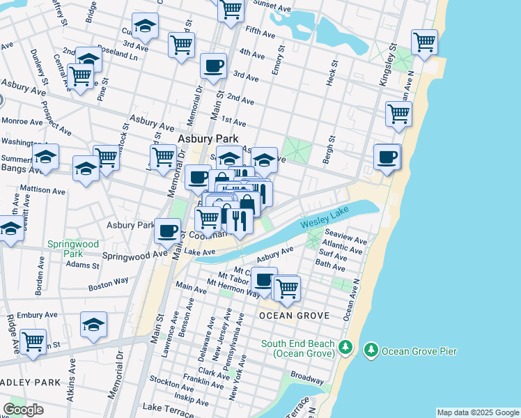 map of restaurants, bars, coffee shops, grocery stores, and more near 511 Cookman Avenue in Asbury Park