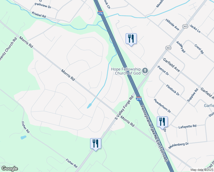 map of restaurants, bars, coffee shops, grocery stores, and more near 2054 Valley View Way in Lansdale