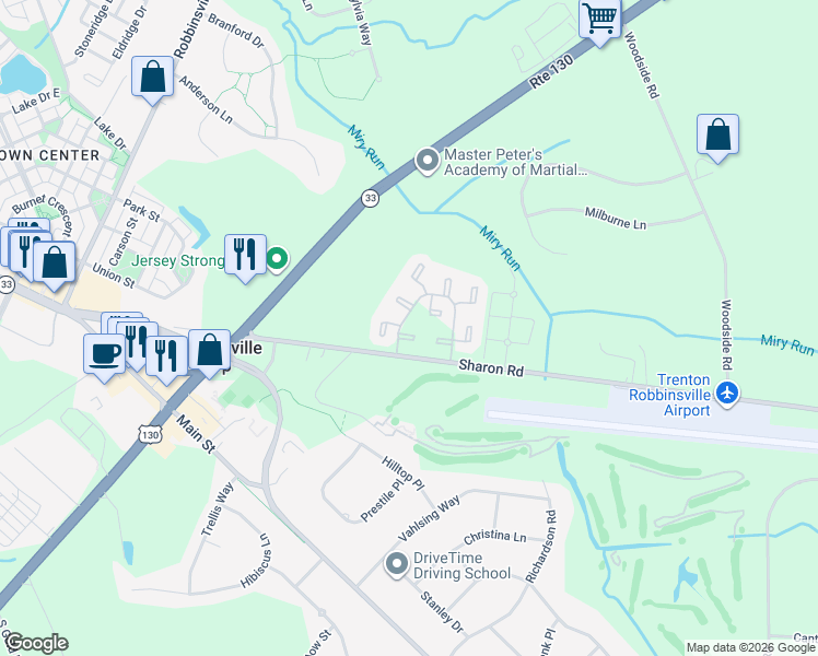 map of restaurants, bars, coffee shops, grocery stores, and more near 1 Harriet Court in Robbinsville Township