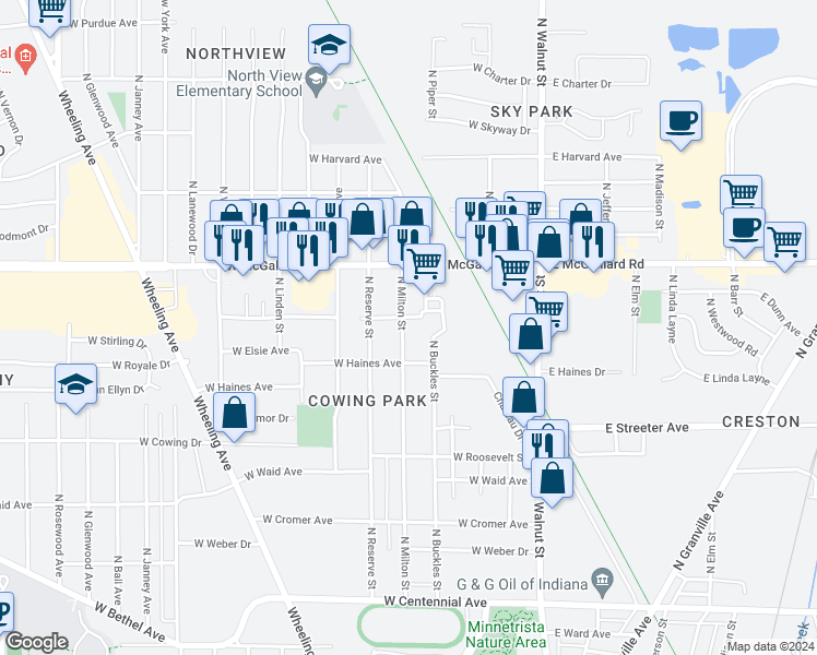 map of restaurants, bars, coffee shops, grocery stores, and more near 2902 North Milton Street in Muncie