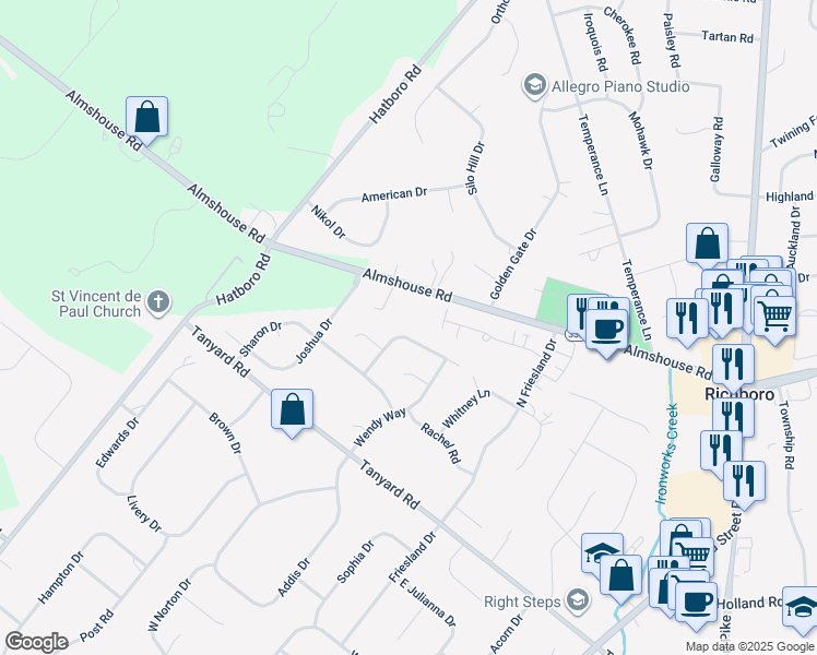 map of restaurants, bars, coffee shops, grocery stores, and more near 49 Jasons Way in Richboro