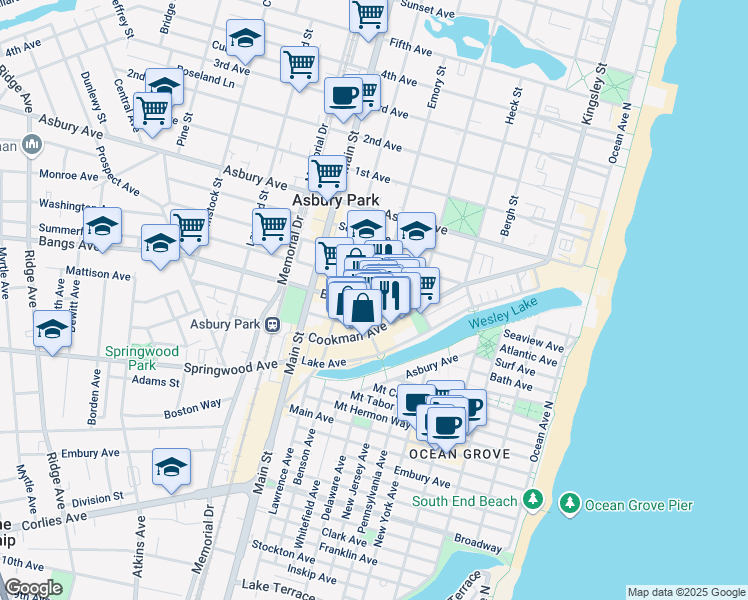map of restaurants, bars, coffee shops, grocery stores, and more near 601 Mattison Avenue in Asbury Park