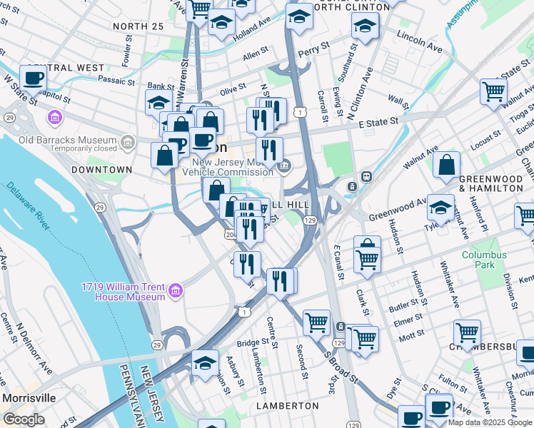 map of restaurants, bars, coffee shops, grocery stores, and more near 168 Mercer Street in Trenton