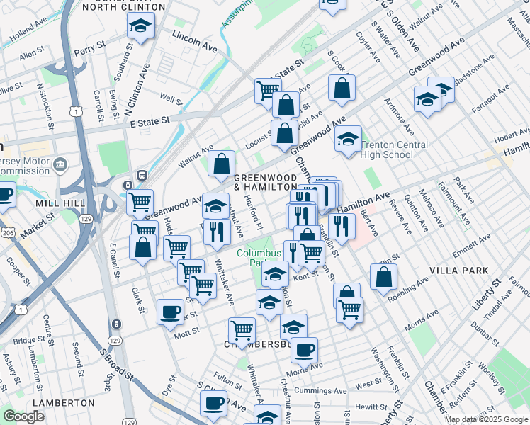 map of restaurants, bars, coffee shops, grocery stores, and more near 733 Monmouth Street in Trenton