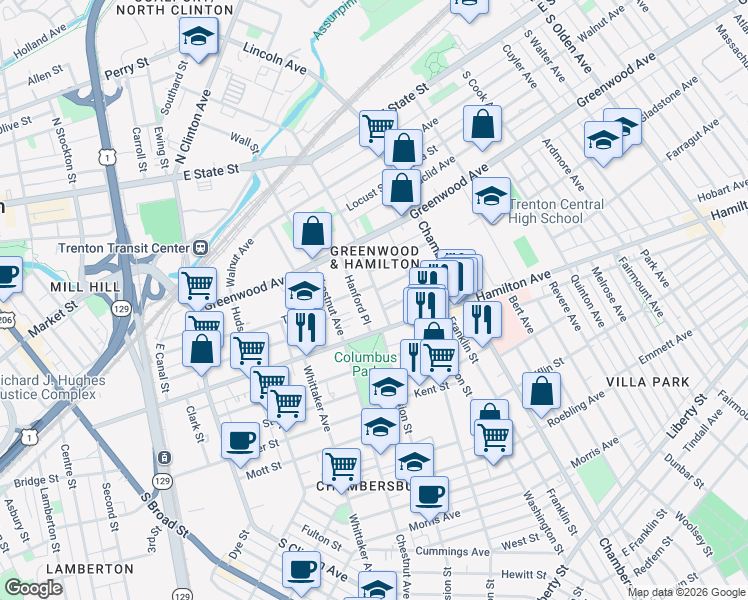 map of restaurants, bars, coffee shops, grocery stores, and more near 733 Monmouth Street in Trenton