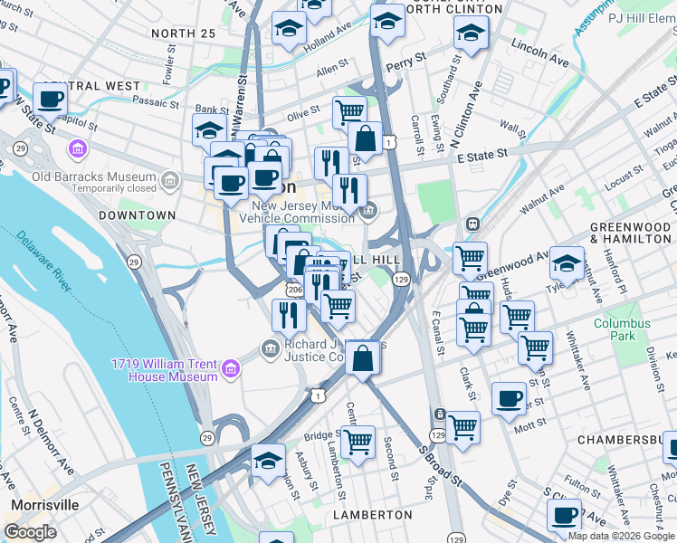 map of restaurants, bars, coffee shops, grocery stores, and more near in Trenton