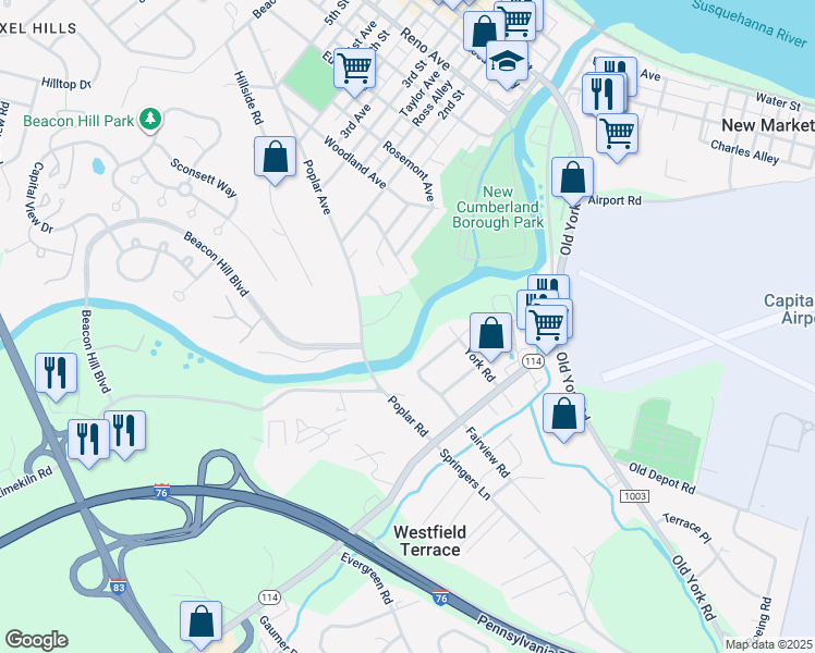 map of restaurants, bars, coffee shops, grocery stores, and more near in New Cumberland