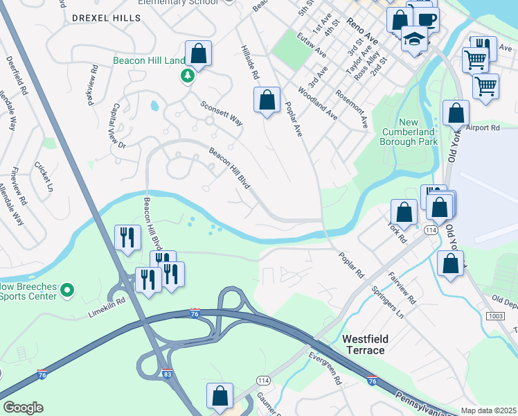 map of restaurants, bars, coffee shops, grocery stores, and more near 1112 Quincy Circle in New Cumberland