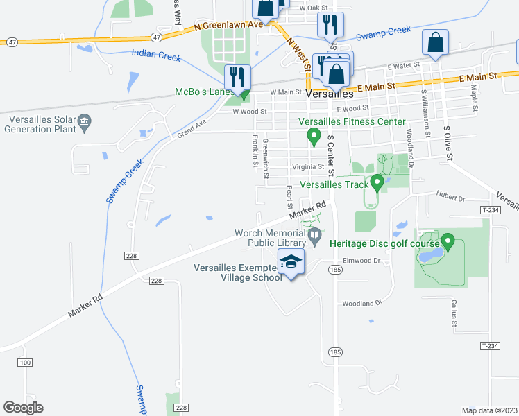 map of restaurants, bars, coffee shops, grocery stores, and more near 565 Franklin Street in Versailles