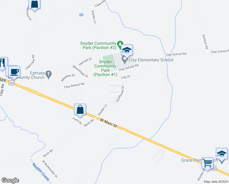 map of restaurants, bars, coffee shops, grocery stores, and more near 55 Mollie Drive in Ephrata