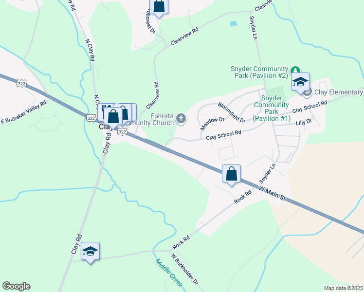 map of restaurants, bars, coffee shops, grocery stores, and more near 45 Clay School Road in Ephrata