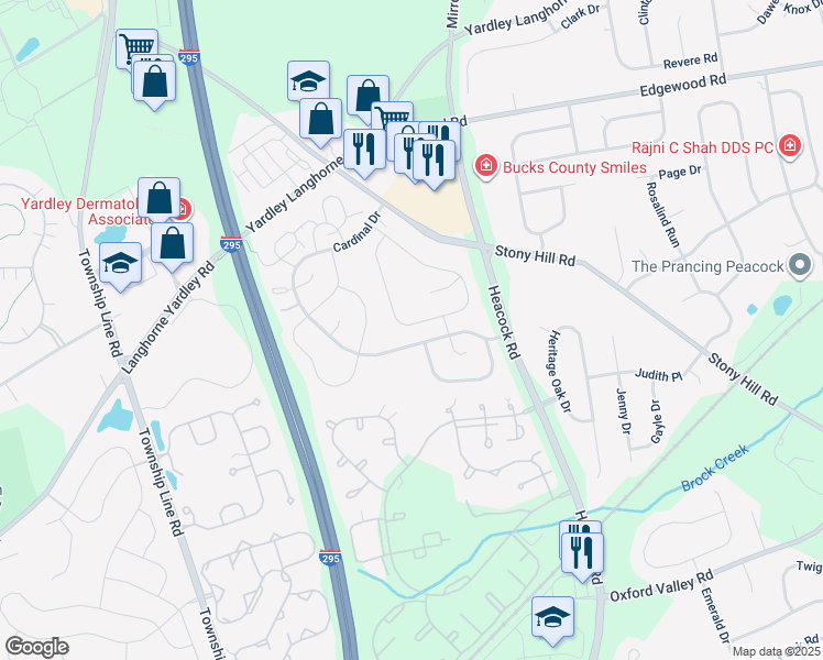 map of restaurants, bars, coffee shops, grocery stores, and more near 613B Rose Hollow Drive in Yardley