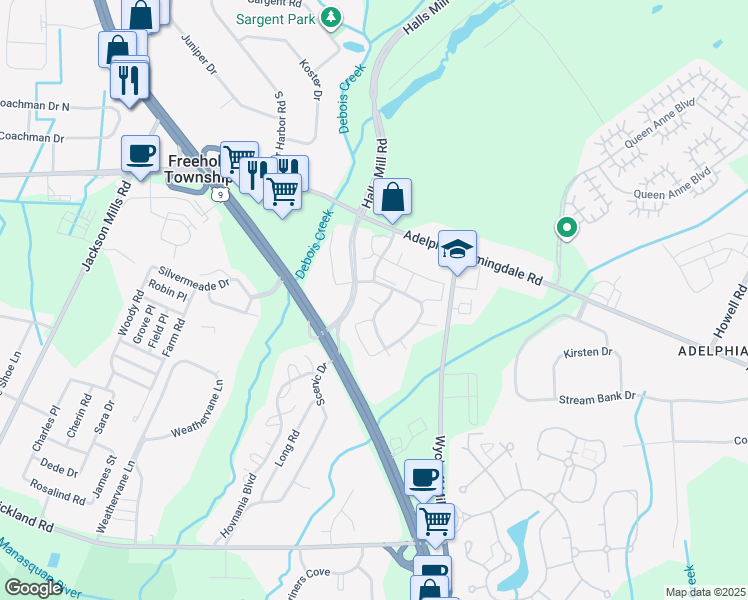 map of restaurants, bars, coffee shops, grocery stores, and more near Crooked Stick Court in Howell