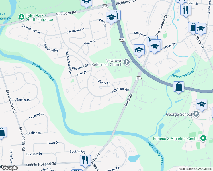 map of restaurants, bars, coffee shops, grocery stores, and more near 103 Greenridge Circle in Newtown