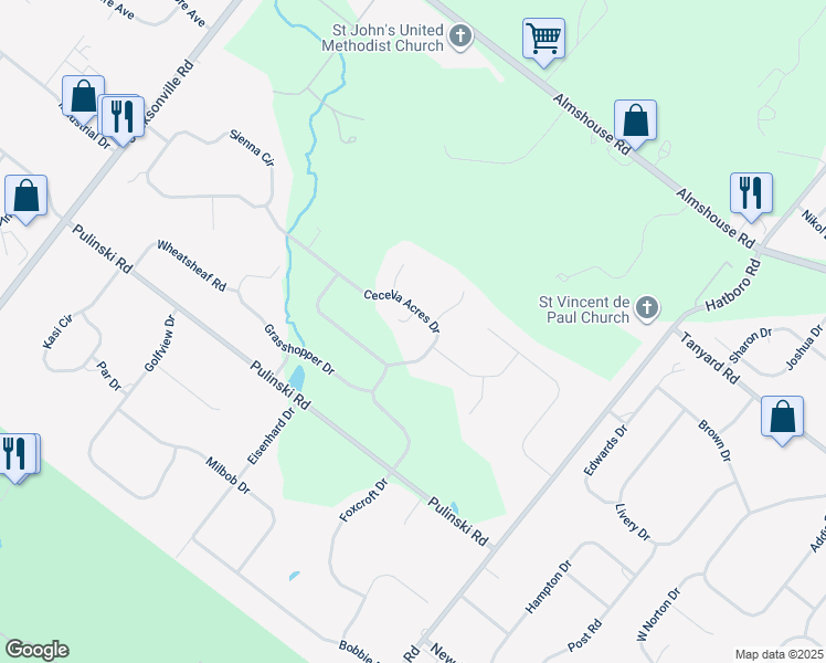 map of restaurants, bars, coffee shops, grocery stores, and more near 221 Cecelia Acres Drive in Ivyland