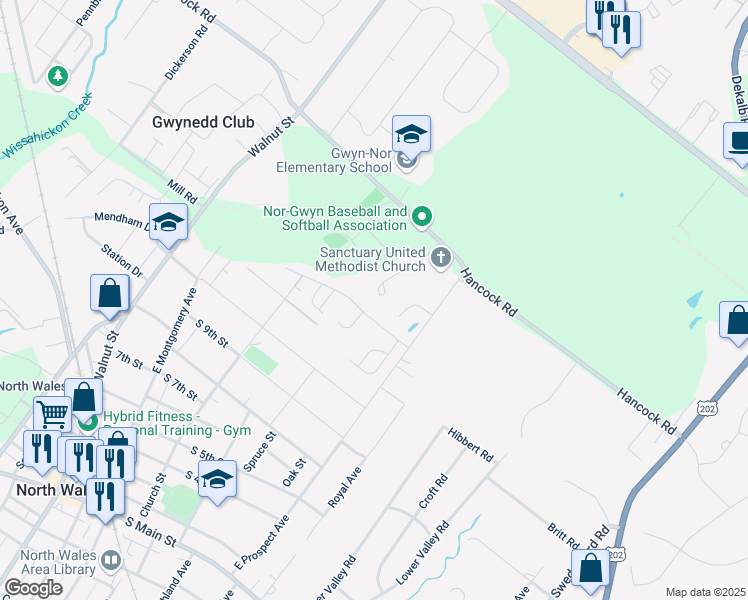 map of restaurants, bars, coffee shops, grocery stores, and more near 477 Sanctuary Court in North Wales