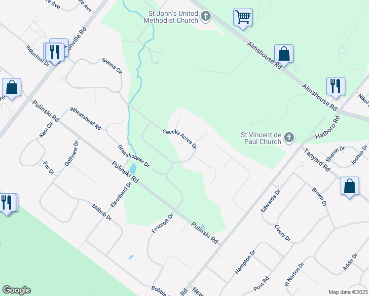 map of restaurants, bars, coffee shops, grocery stores, and more near 221 Cecelia Acres Drive in Ivyland