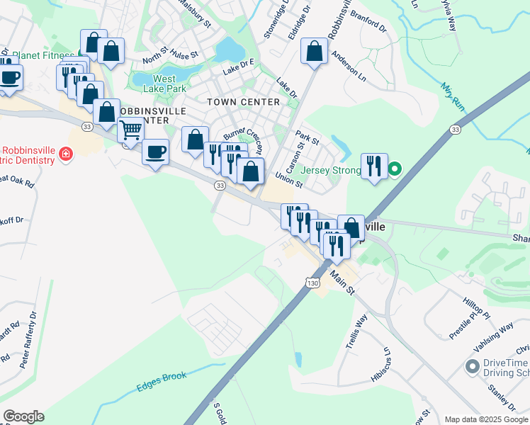map of restaurants, bars, coffee shops, grocery stores, and more near 1 Main Street in Robbinsville