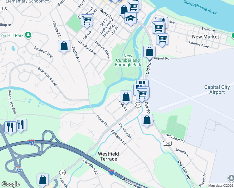 map of restaurants, bars, coffee shops, grocery stores, and more near 208 York Road in New Cumberland