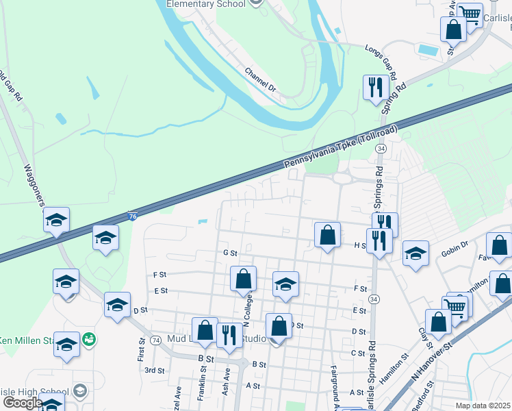 map of restaurants, bars, coffee shops, grocery stores, and more near 52 Courtyard Drive in Carlisle
