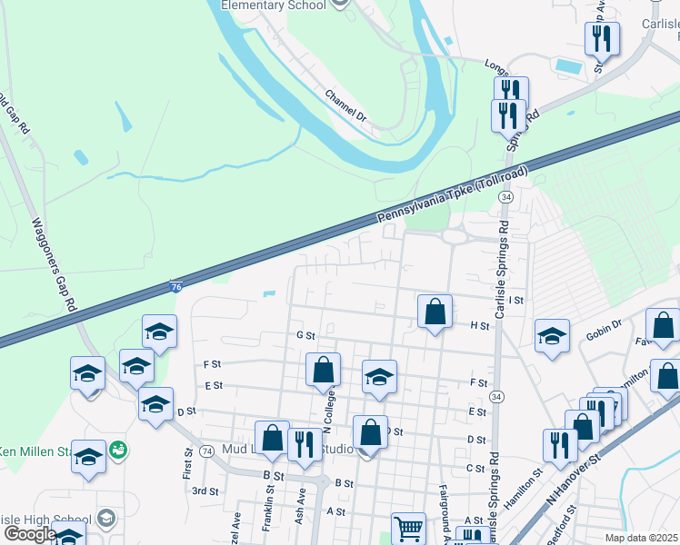 map of restaurants, bars, coffee shops, grocery stores, and more near 52 Courtyard Drive in Carlisle