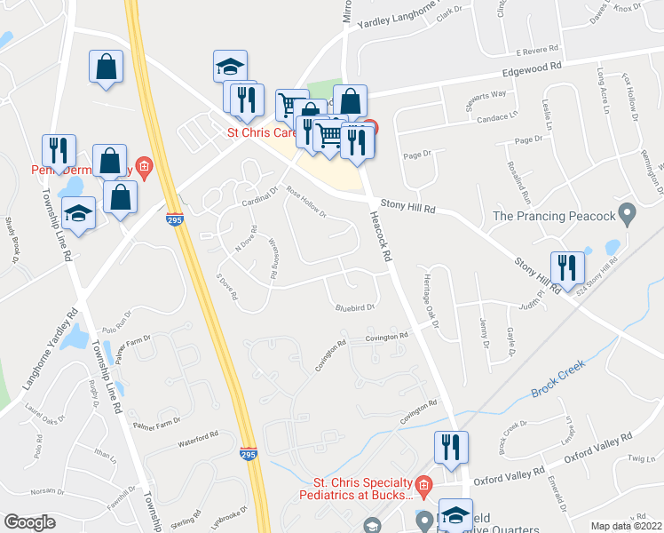 map of restaurants, bars, coffee shops, grocery stores, and more near 649A Rose Hollow Drive in Yardley