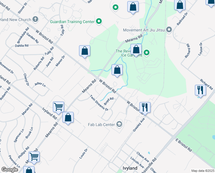 map of restaurants, bars, coffee shops, grocery stores, and more near 1303 Pebblebrook Road in Warminster