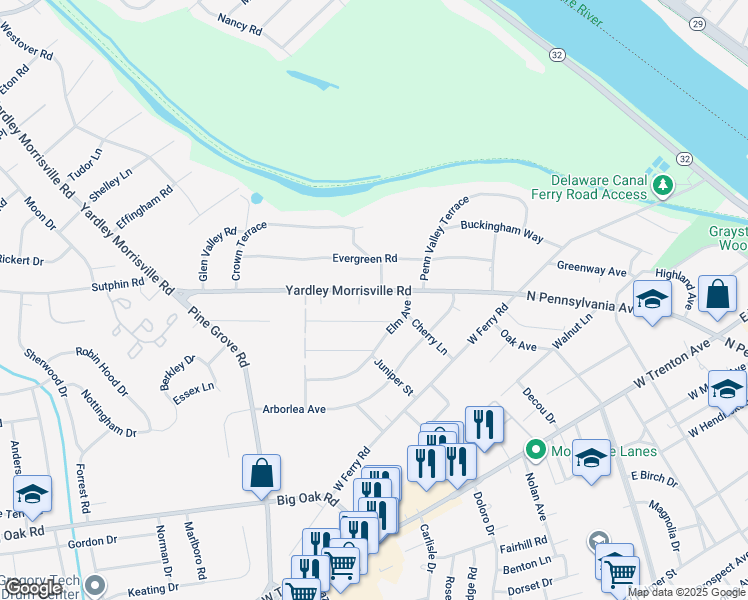 map of restaurants, bars, coffee shops, grocery stores, and more near 1201 Yardley Road in Yardley