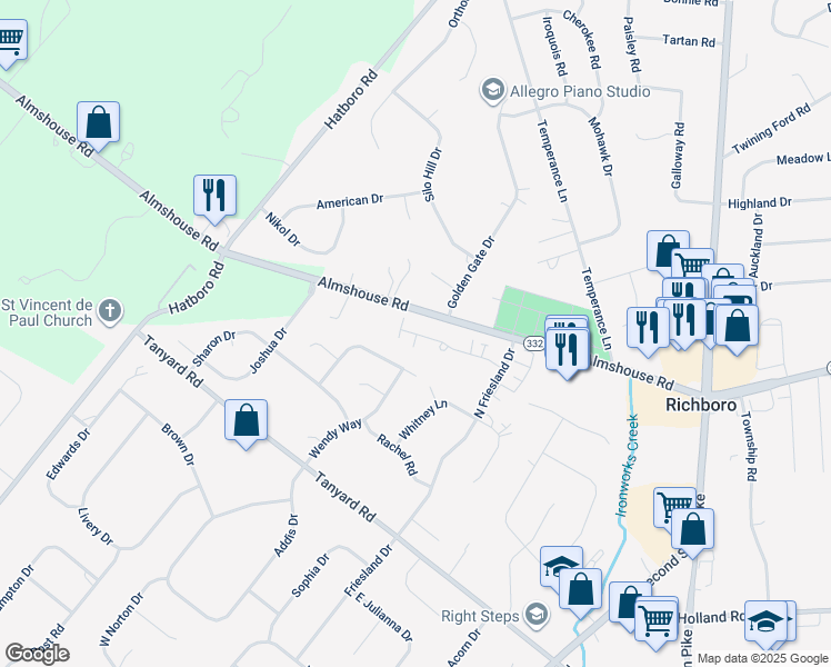 map of restaurants, bars, coffee shops, grocery stores, and more near 12 Legacy Oaks Drive in Richboro
