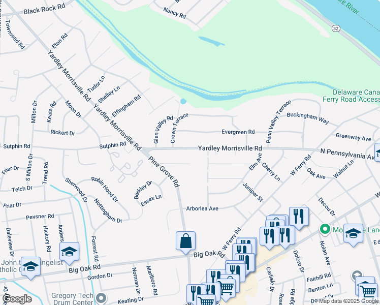 map of restaurants, bars, coffee shops, grocery stores, and more near 1223 Yardley Morrisville Road in Yardley
