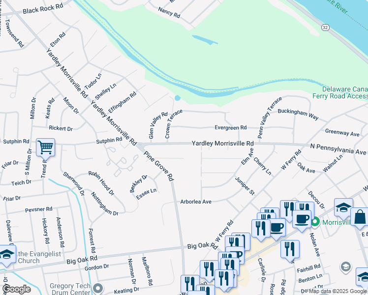 map of restaurants, bars, coffee shops, grocery stores, and more near 1223 Yardley Morrisville Road in Yardley