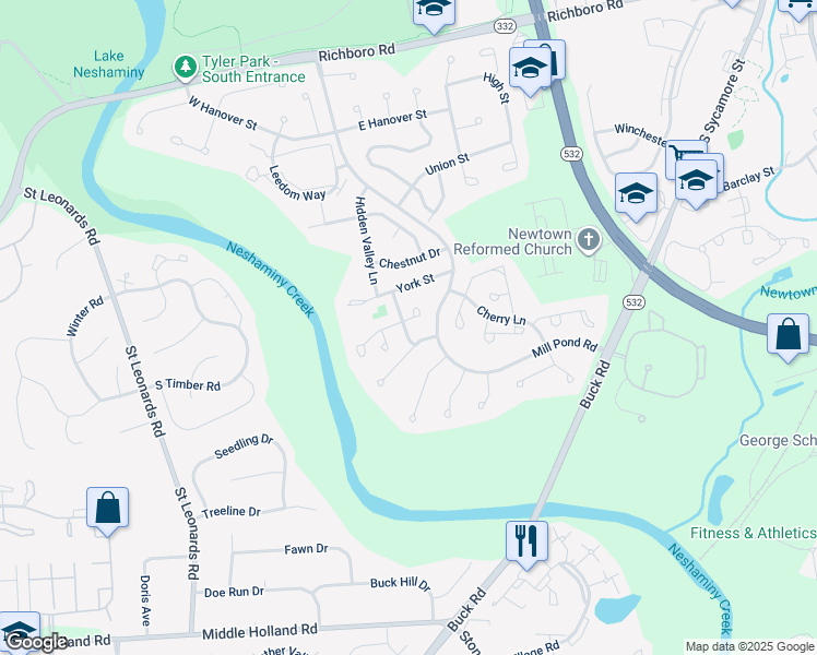 map of restaurants, bars, coffee shops, grocery stores, and more near 46 Princess Lane in Newtown