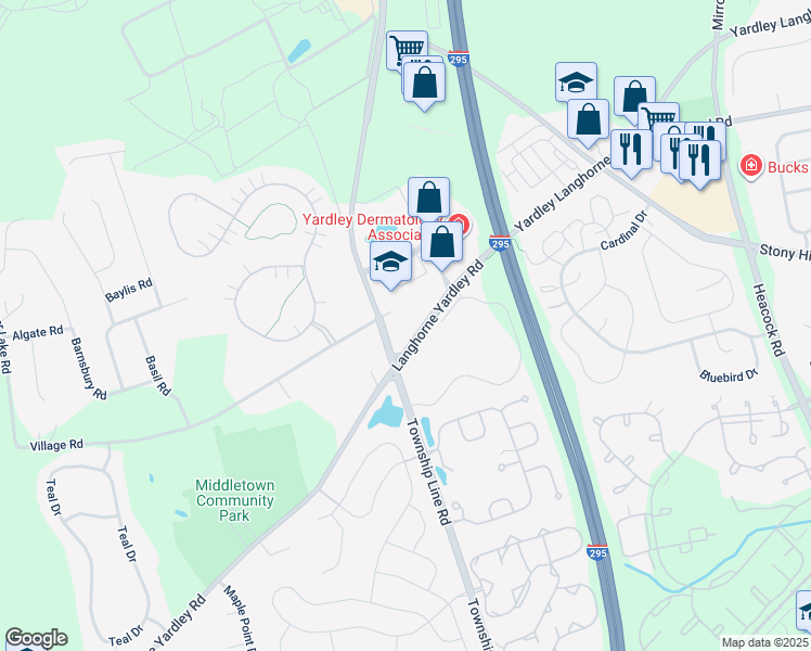 map of restaurants, bars, coffee shops, grocery stores, and more near 600 Township Line Road in Yardley