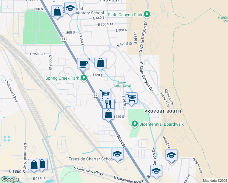 map of restaurants, bars, coffee shops, grocery stores, and more near 1294 South 1410 East in Provo