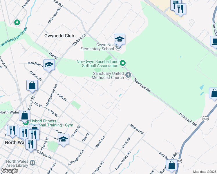 map of restaurants, bars, coffee shops, grocery stores, and more near 477 Sanctuary Court in North Wales