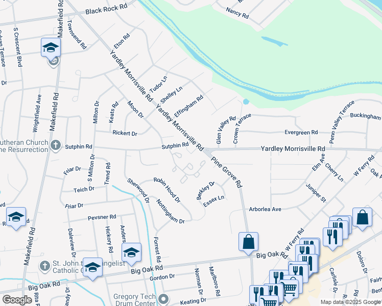 map of restaurants, bars, coffee shops, grocery stores, and more near 502 Carmela Way in Yardley