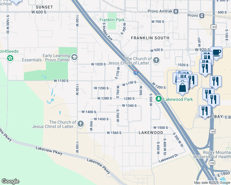 map of restaurants, bars, coffee shops, grocery stores, and more near 1224 South 760 West in Provo