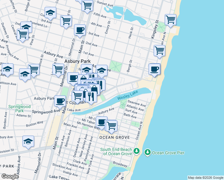 map of restaurants, bars, coffee shops, grocery stores, and more near 407 Lake Avenue in Asbury Park