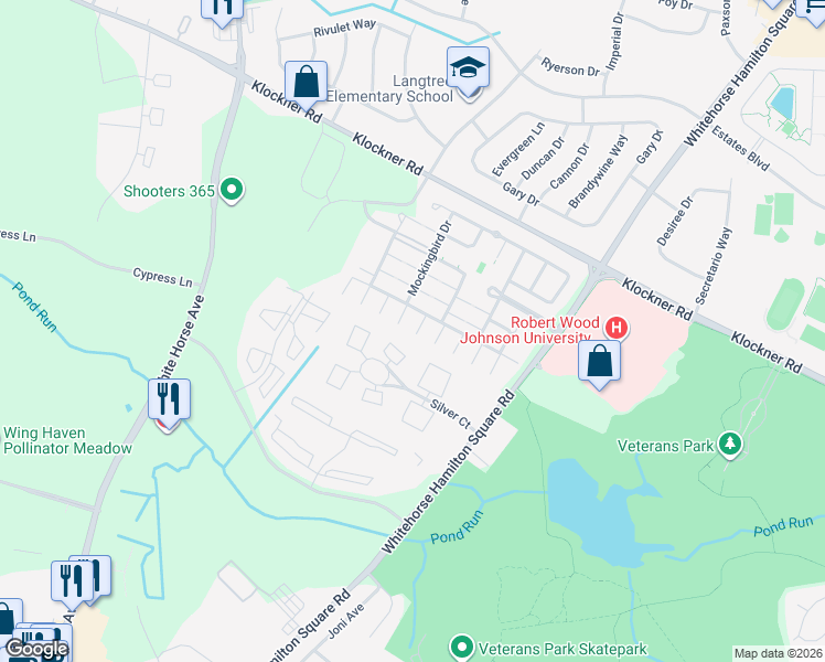 map of restaurants, bars, coffee shops, grocery stores, and more near 1702 Silver Court in Trenton