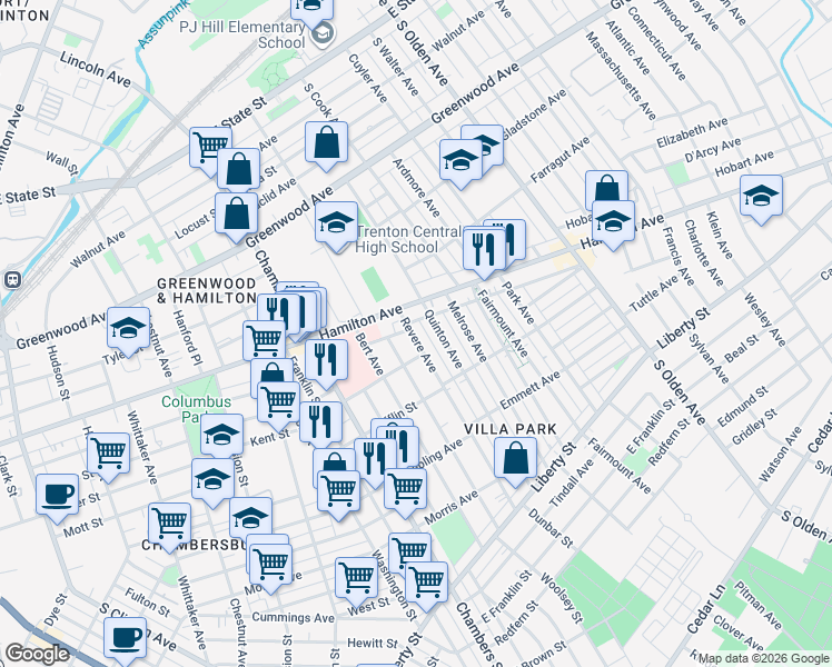 map of restaurants, bars, coffee shops, grocery stores, and more near 132 Columbus Avenue in Trenton