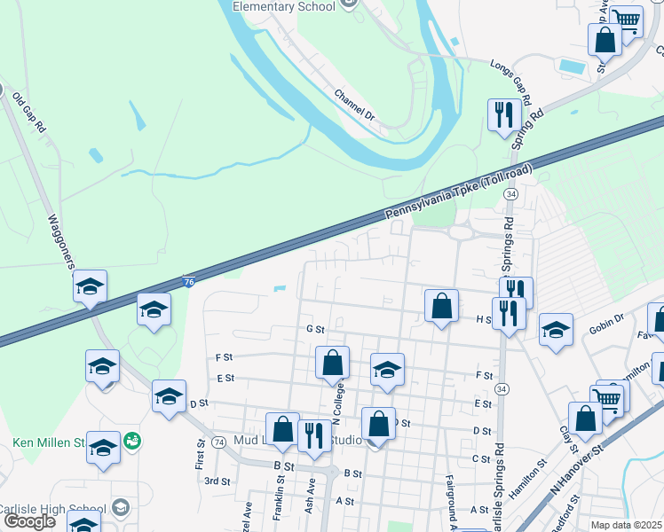 map of restaurants, bars, coffee shops, grocery stores, and more near 70 Courtyard Drive in Carlisle