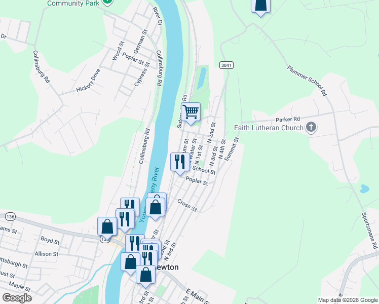 map of restaurants, bars, coffee shops, grocery stores, and more near 302 North Water Street in West Newton