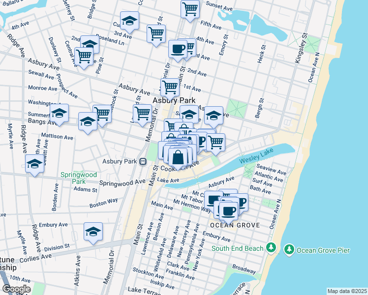 map of restaurants, bars, coffee shops, grocery stores, and more near 649 Mattison Avenue in Asbury Park