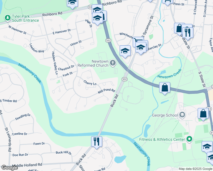 map of restaurants, bars, coffee shops, grocery stores, and more near 141 Hillcroft Way in Newtown
