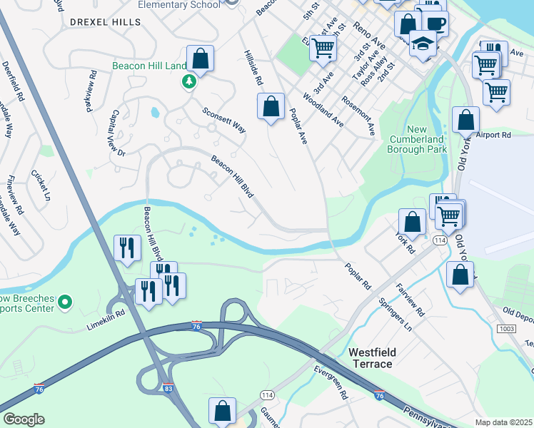 map of restaurants, bars, coffee shops, grocery stores, and more near Quincy Circle in New Cumberland