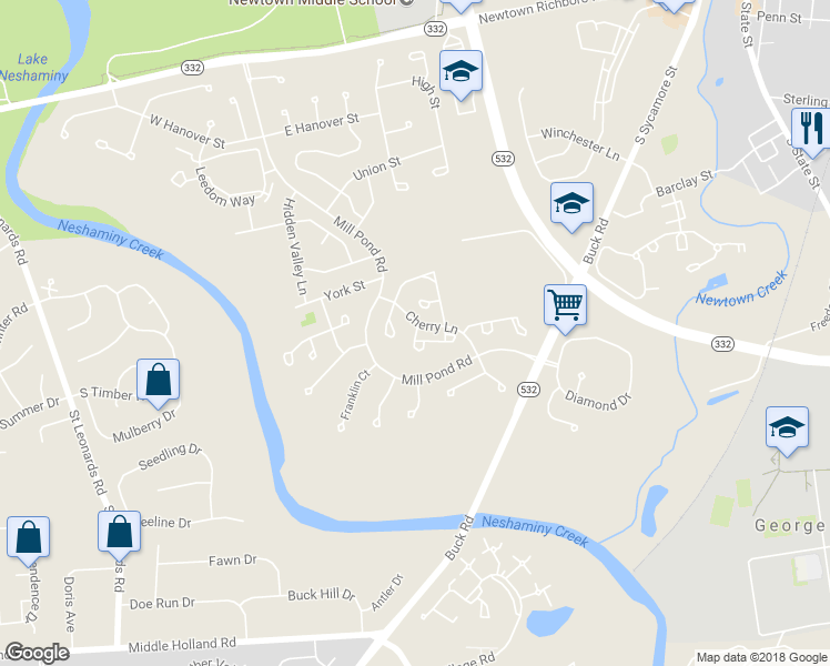 map of restaurants, bars, coffee shops, grocery stores, and more near 32 Greenridge Circle in Newtown